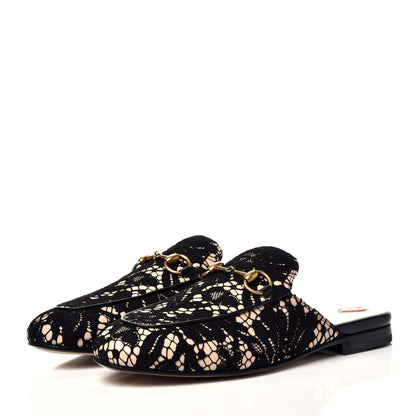Gucci Lace Malaga Kid Womens Princetown Slippers 35 Black Skin Rose 3 of 10