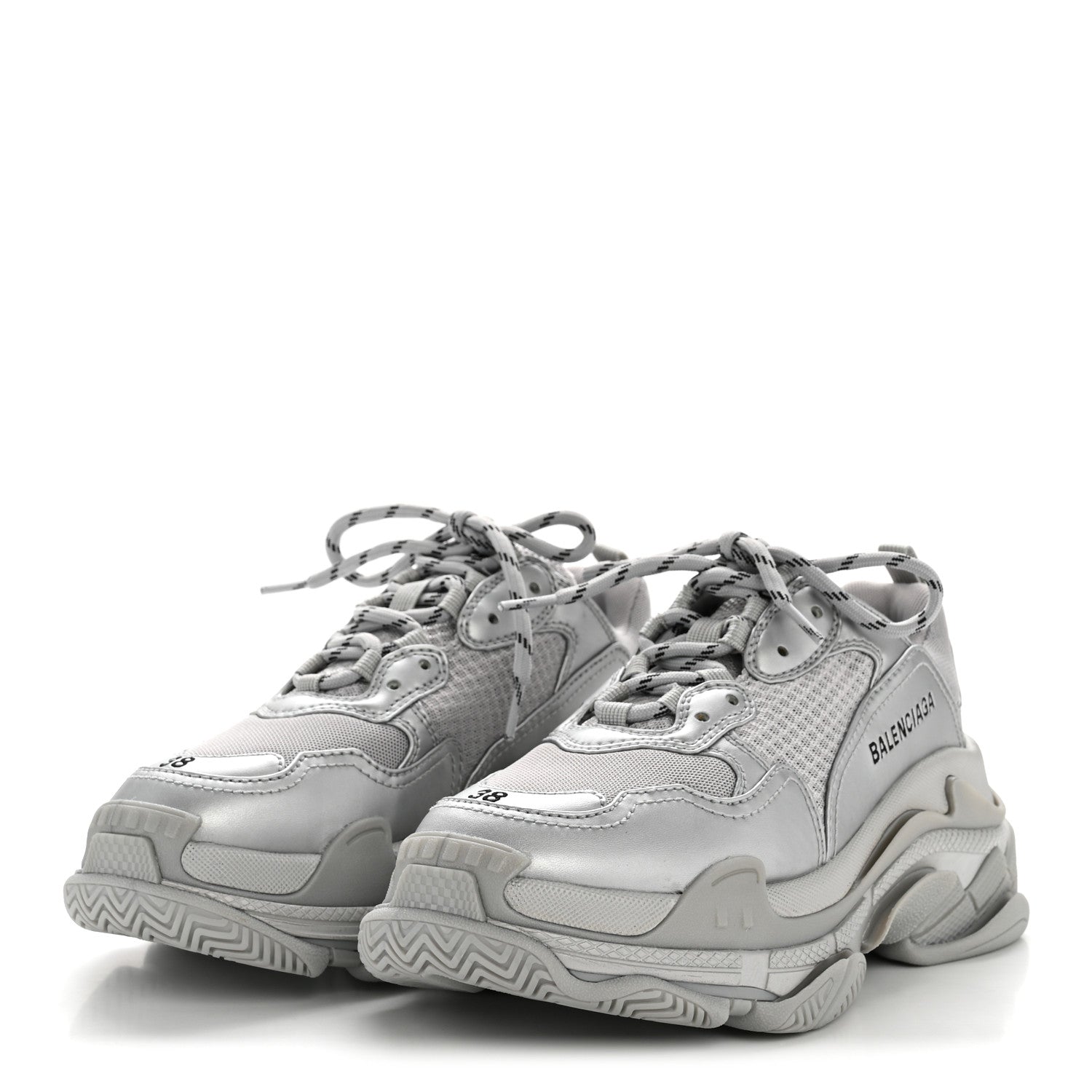 Balenciaga Metallic Fabric Mesh Womens Triple S Sneakers 38 Silver