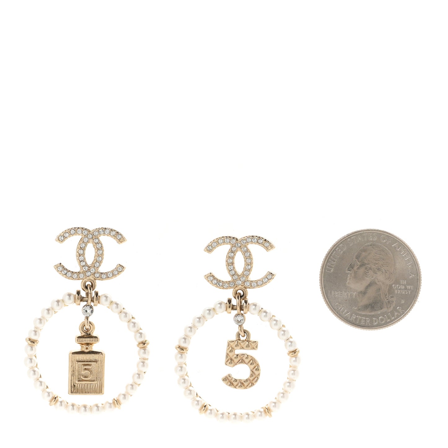 Crystal Pearl Chanel Charms CC Drop Earrings Gold