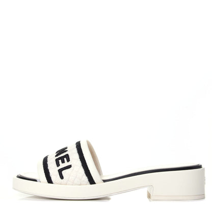 Chanel Lambskin Embroidered Logo Mules 36.5 Ivory Black 1 of 11