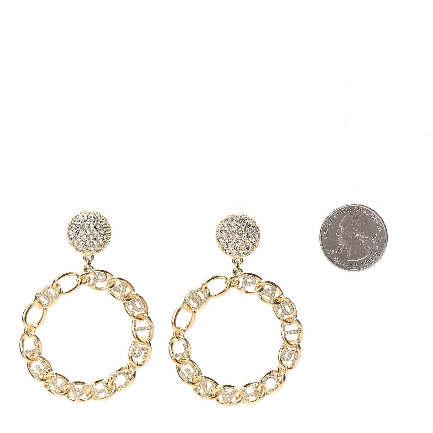 Metal Crystal CC Paris Chain Link Hoop Earrings Gold