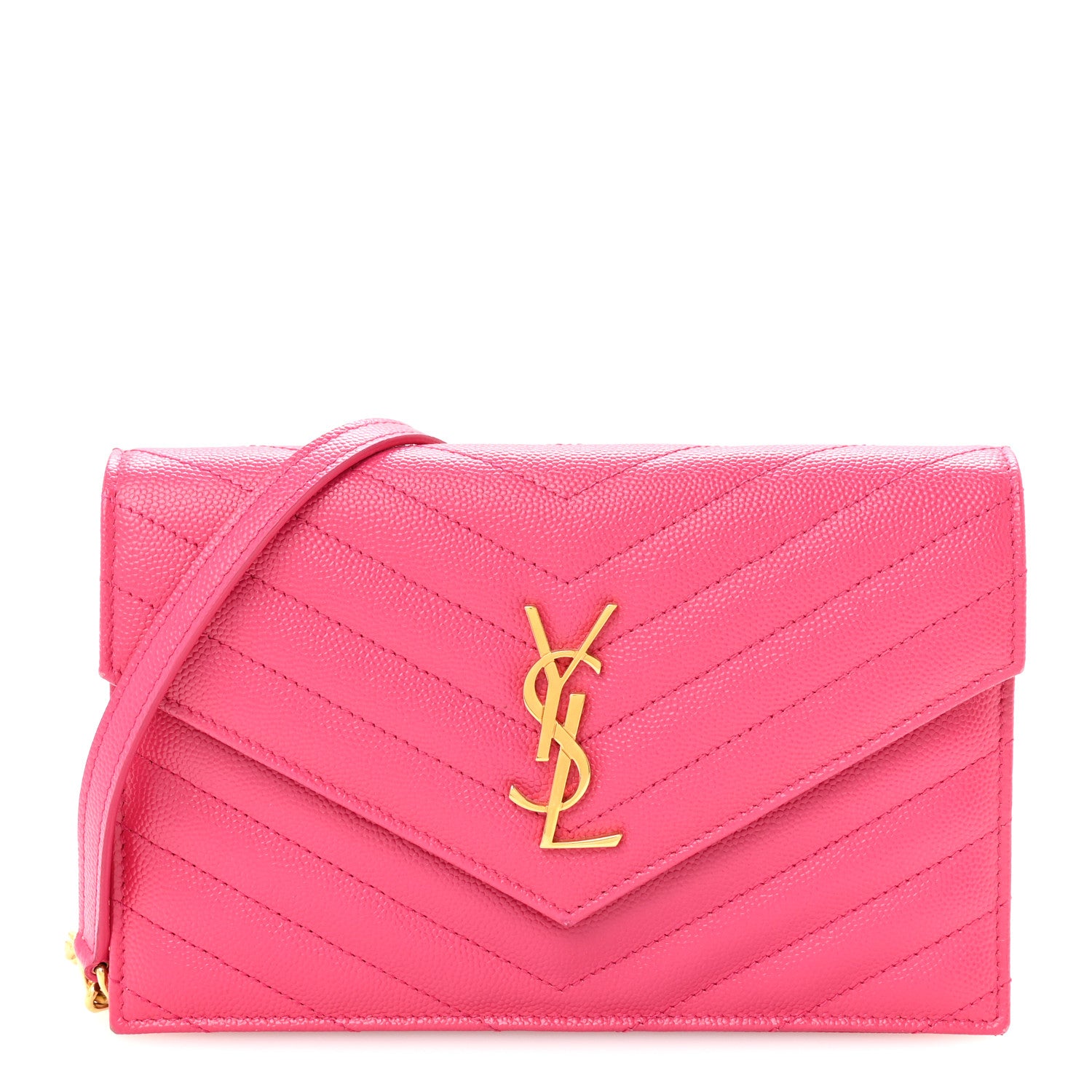 Saint Laurent Grain De Poudre Matelasse Chevron Monogram Envelope Chain Wallet Fresh Fuchsia 1 of 10