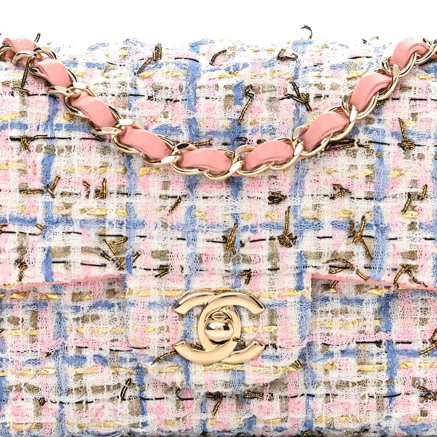 Tweed Quilted Mini Rectangular Flap Light Blue Pink Gold White