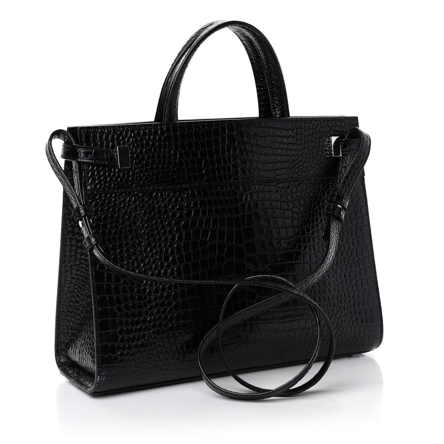 Shiny Calfskin Crocodile Embossed Small Manhattan Shopper Tote Black