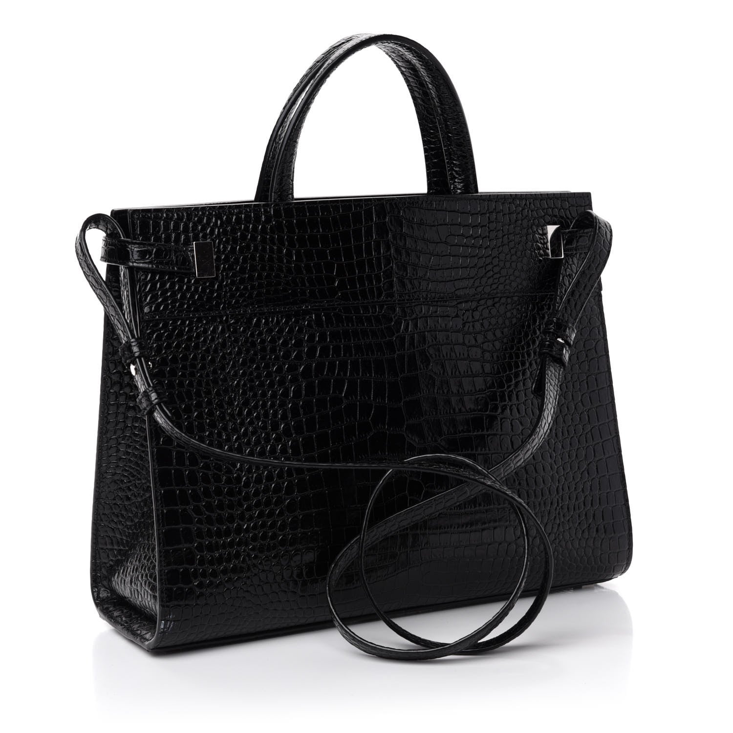 Saint Laurent Shiny Calfskin Crocodile Embossed Small Manhattan Shopper Tote Black 4 of 11