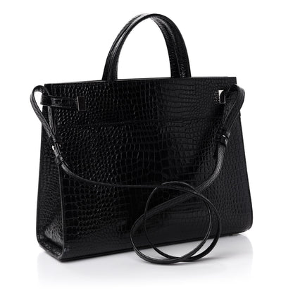 Saint Laurent Shiny Calfskin Crocodile Embossed Small Manhattan Shopper Tote Black 4 of 11