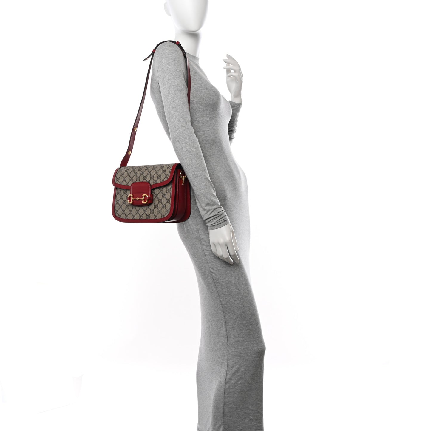 GG Supreme Monogram Azalea Calfskin Horsebit 1955 Shoulder Bag Beige Ebony New Cherry Red