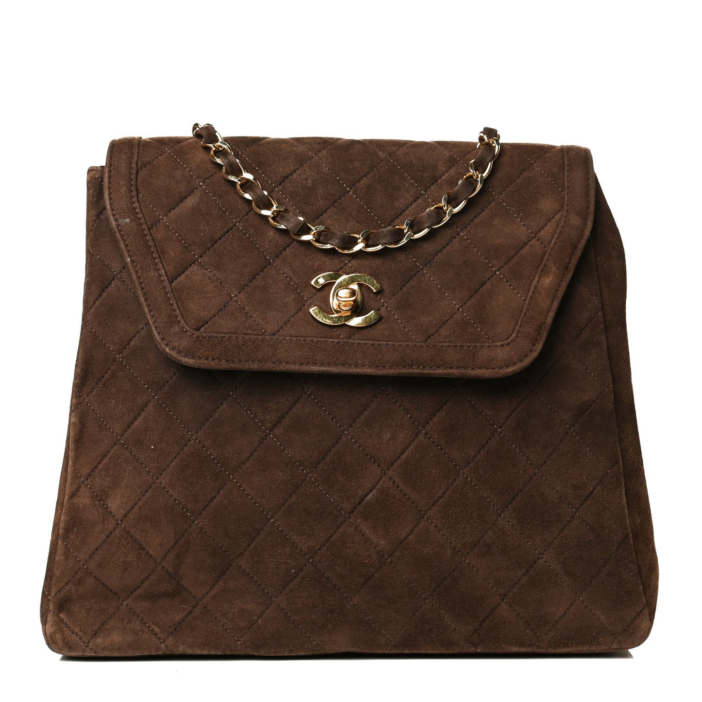 Suede Stitched Flap Shoulder Bag Brown