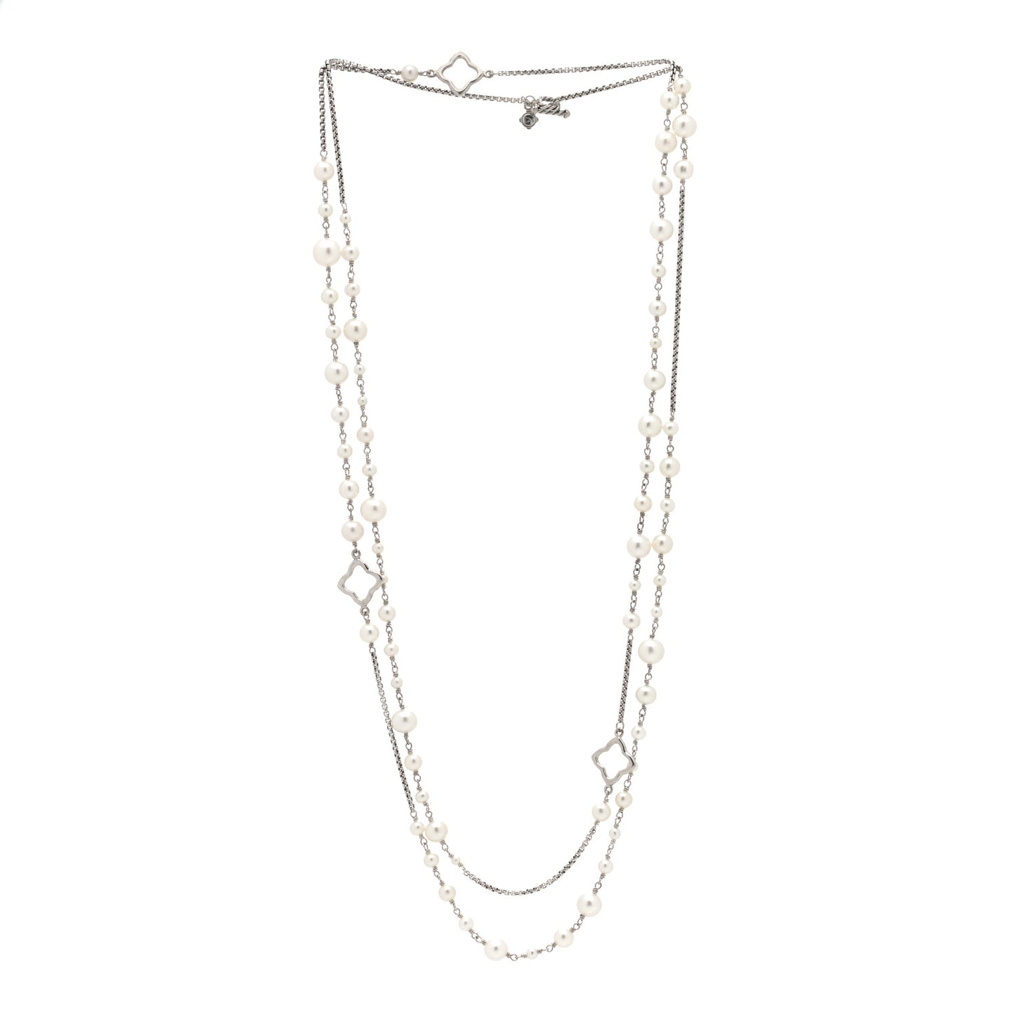 Sterling Silver Pearl 7.5mm Quatrefoil Long Chain Necklace