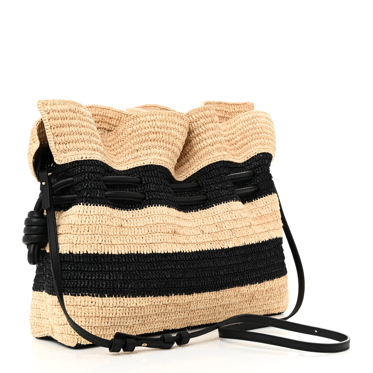Raffia Striped Flamenco Knot Shoulder Bag Black Natural