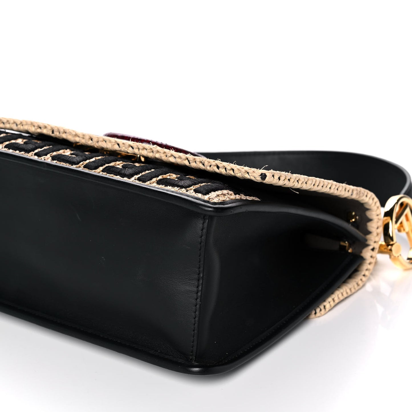 Vitello Century Raffia Snakeskin F is Fendi FF Woven Embroidered Kan I Shoulder Bag Black Natural