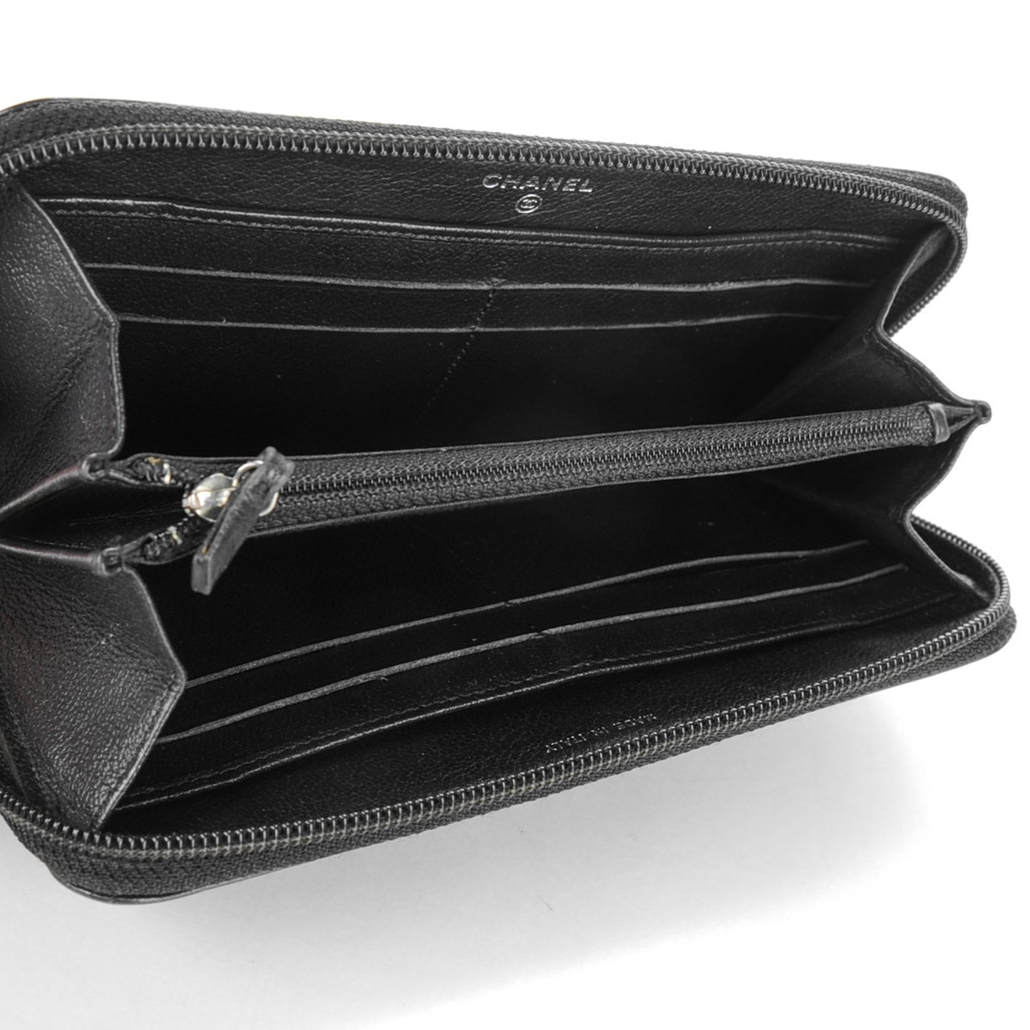 Goatskin Camellia Embossed Zip Around Wallet Black