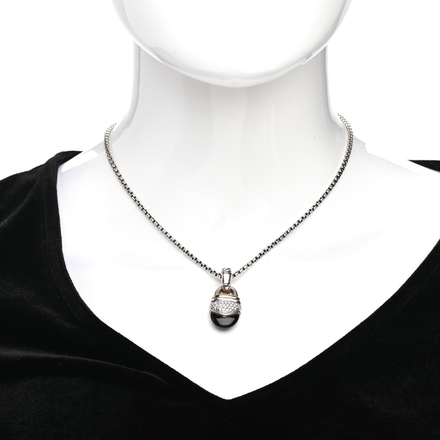 David Yurman Sterling Silver 18K Yellow Gold Diamond Black Onyx Acorn Pendant Necklace 2 of 4