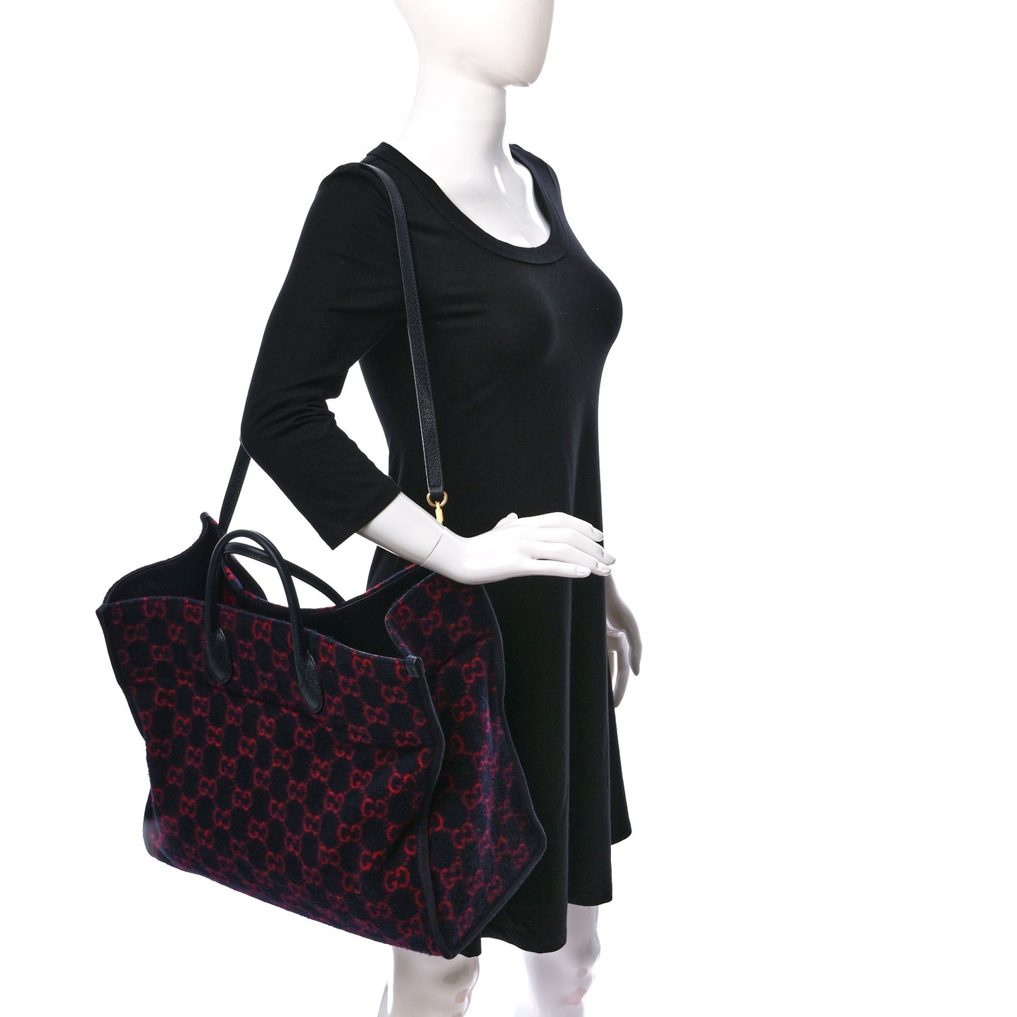 Covered Wool Textured Dollar Calfskin GG Monogram Large Tote Bag Blue Red