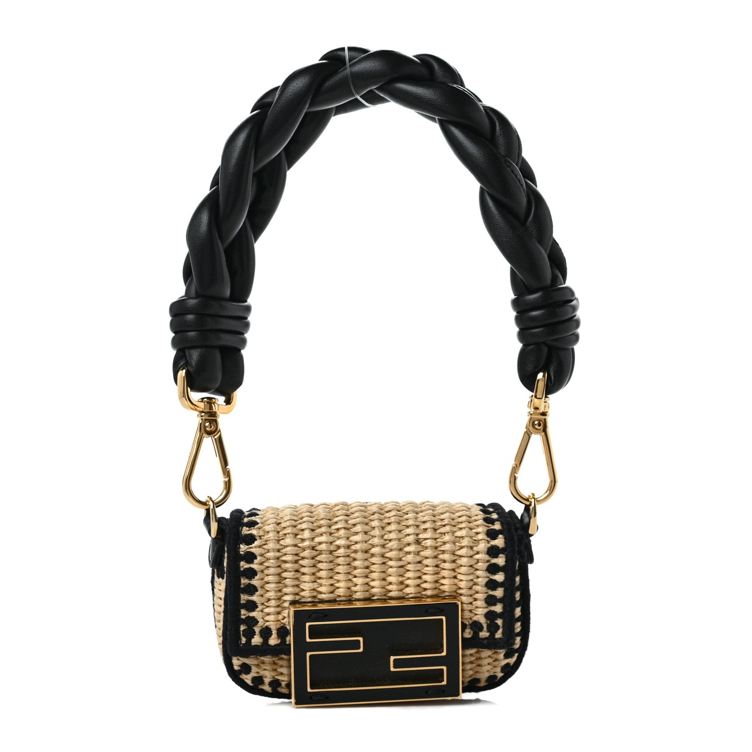 Fendi Straw Shiny Nappa Woven Nano Baguette Maxi Handle Charm Natural Black 1 of 7
