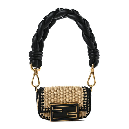 Fendi Straw Shiny Nappa Woven Nano Baguette Maxi Handle Charm Natural Black 1 of 7