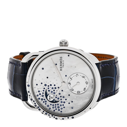 Hermes Stainless Steel Alligator Diamond Blue Sapphire Mother of Pearl 38mm Arceau Petite Lune Automatic Watch Bleu Saphir 2 of 5