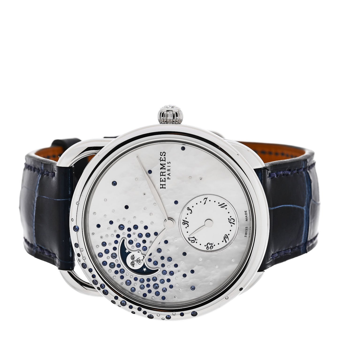 Stainless Steel Alligator Diamond Blue Sapphire Mother of Pearl 38mm Arceau Petite Lune Automatic Watch Bleu Saphir