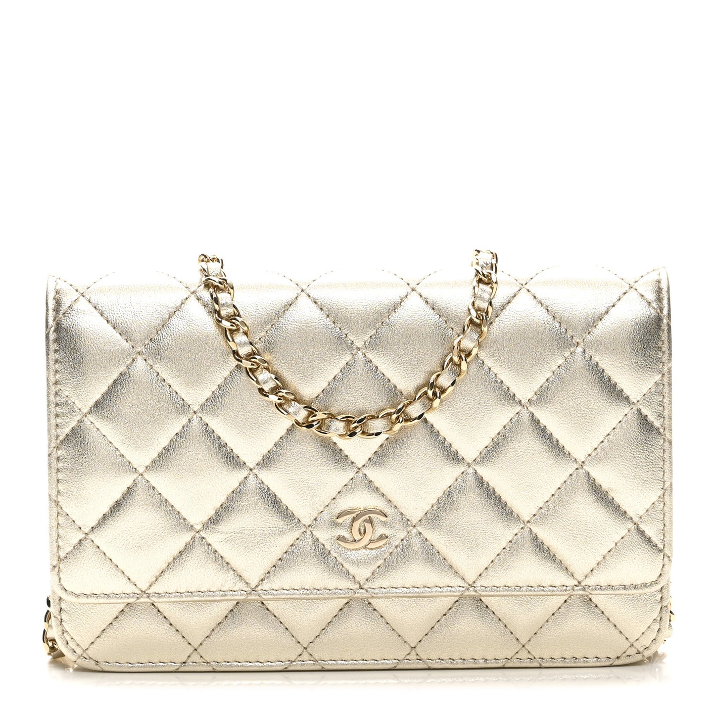 Metallic Lambskin Quilted Wallet On Chain WOC Gold