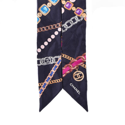 Chanel Silk Pearl CC Chain Slim Bandeau Scarf Navy Blue 2 of 3
