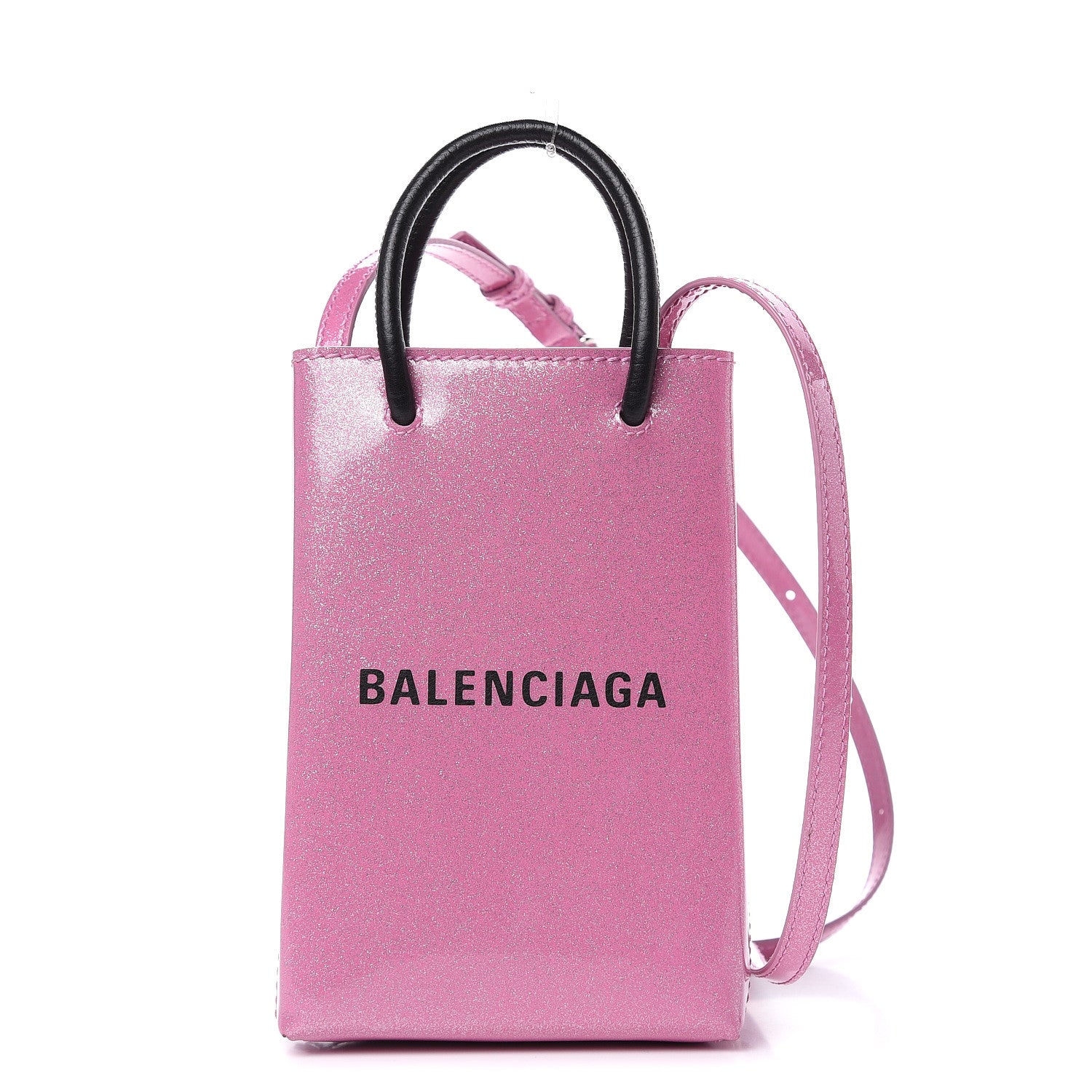 Balenciaga Varnished Glitter Calfskin Logo Shopping Phone Holder Bag Old Rose 1 of 9
