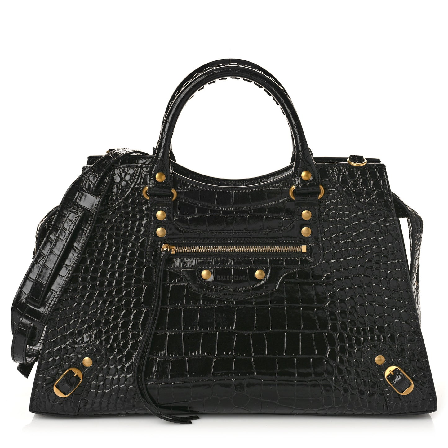 Shiny Supple Calfskin Crocodile Embossed Brass Hardware Neo Classic City Black