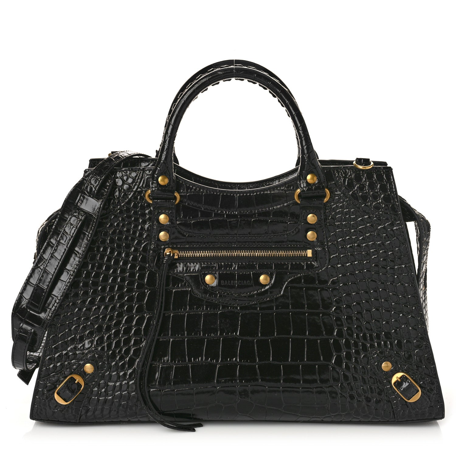 Balenciaga Shiny Supple Calfskin Crocodile Embossed Brass Hardware Neo Classic City Black 1 of 8
