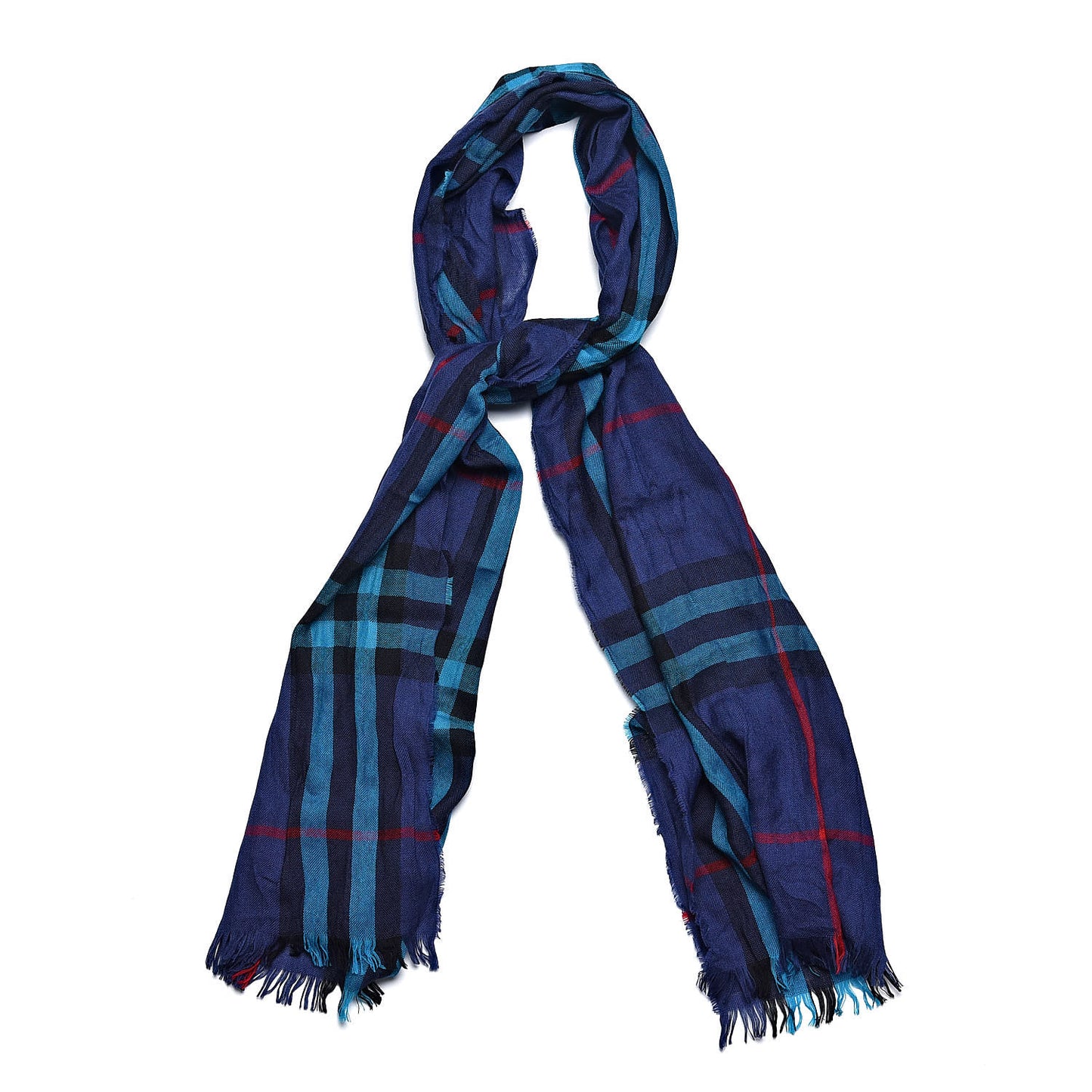 Merino Wool Cashmere Giant Check Lightweight Scarf Blue