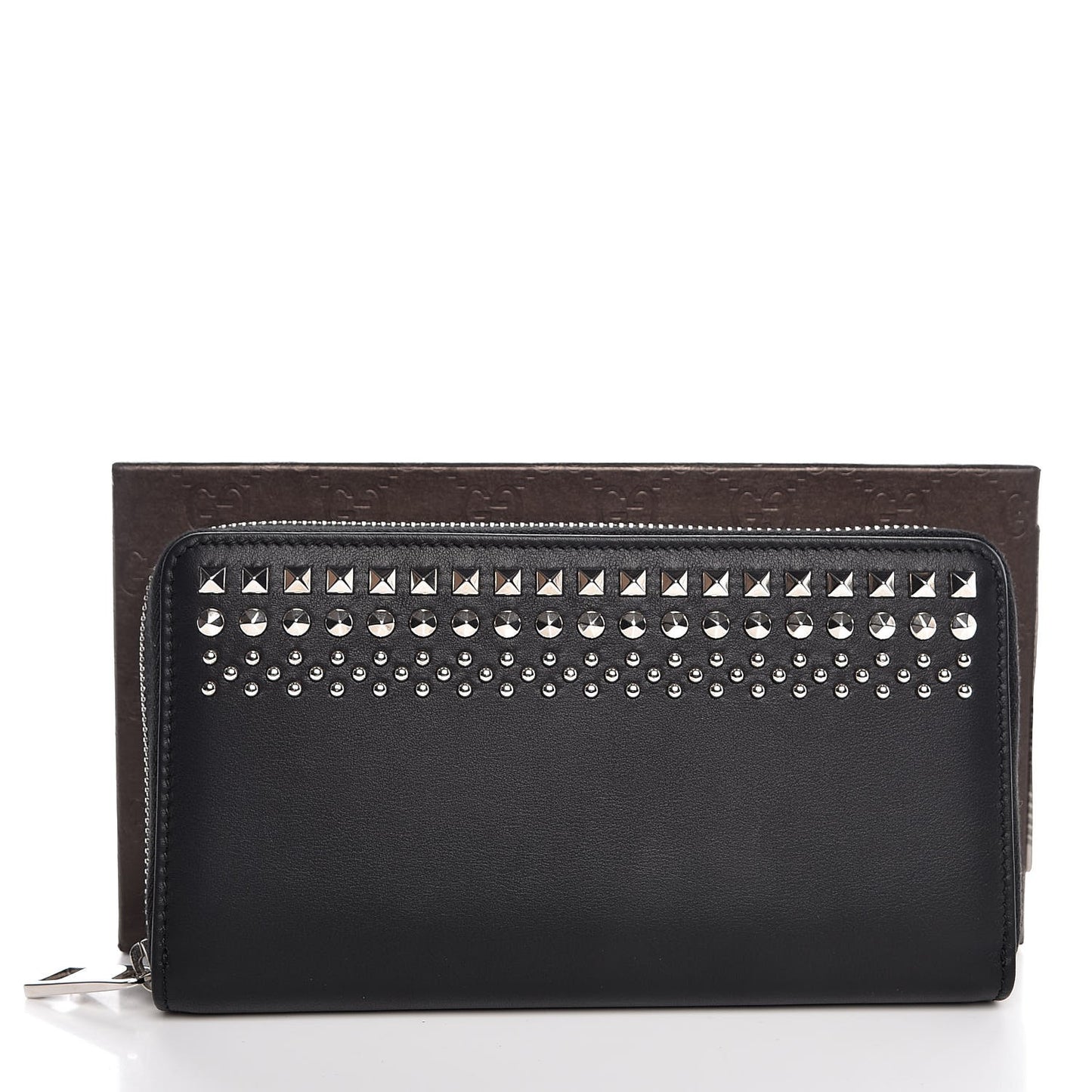 Calfskin Studded Zip Around Wallet Black