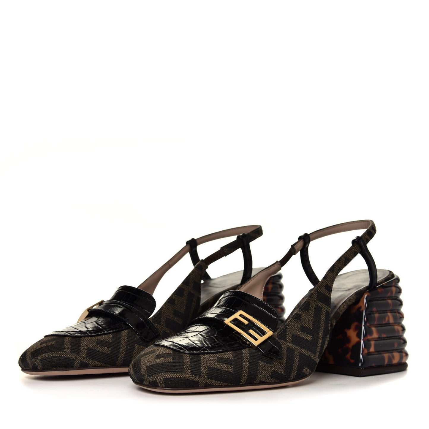 Jacquard Calfskin FF Tortoise Promenade Slingback Loafer Pumps 39.5 Tobacco