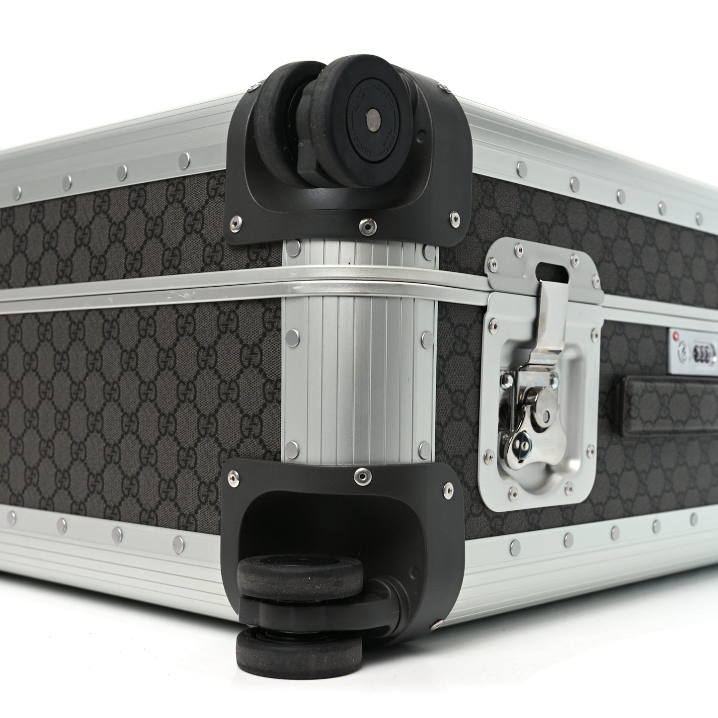 GG Supreme Monogram Aluminium Porter Medium Trolley Suitcase Silver Grey Black Graphite Grey