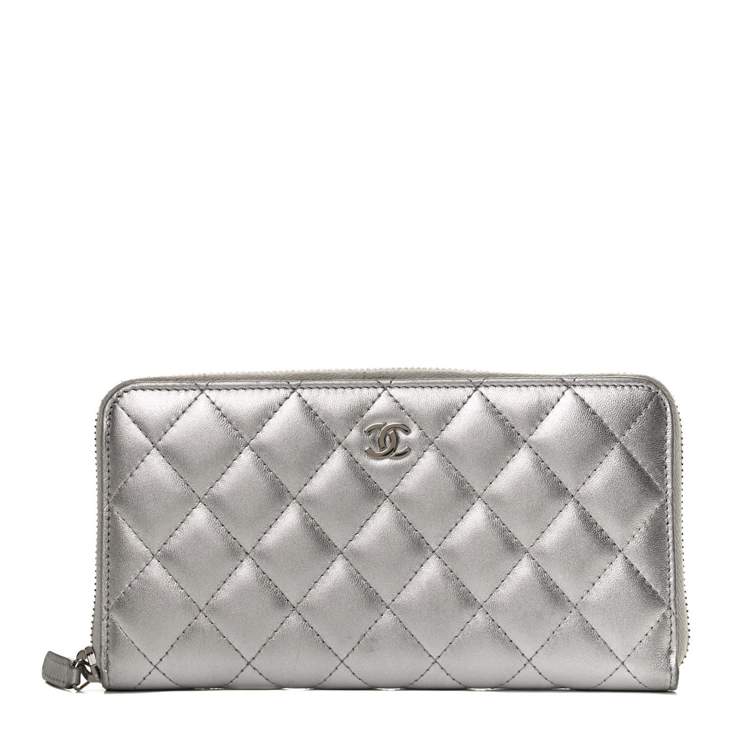 Chanel Metallic Lambskin Quilted Large Gusset Zip Around Wallet Silver 1 of 10