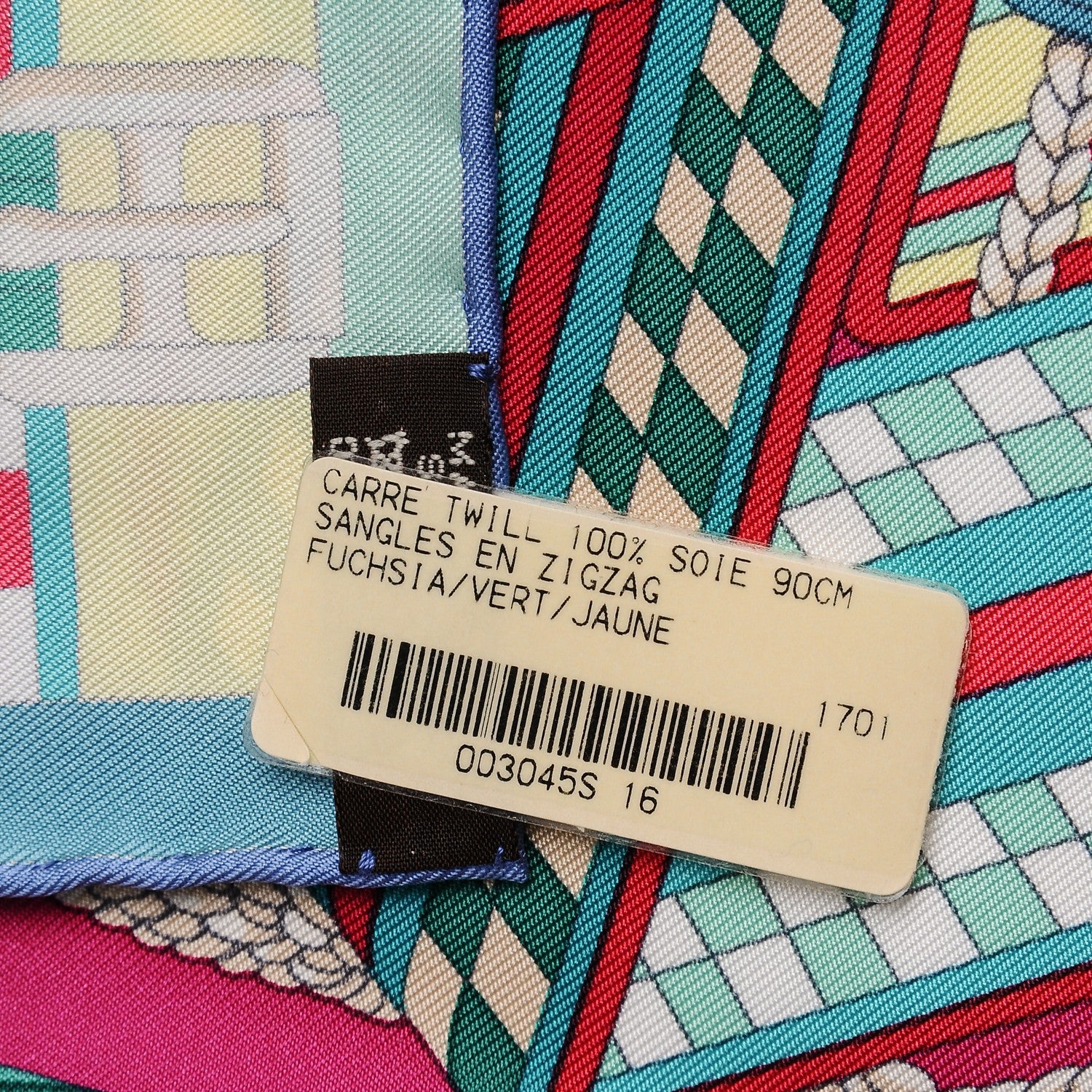 Hermes Silk Sangles En Zigzag Scarf 90 Fuchsia Vert Jaune 7 of 7