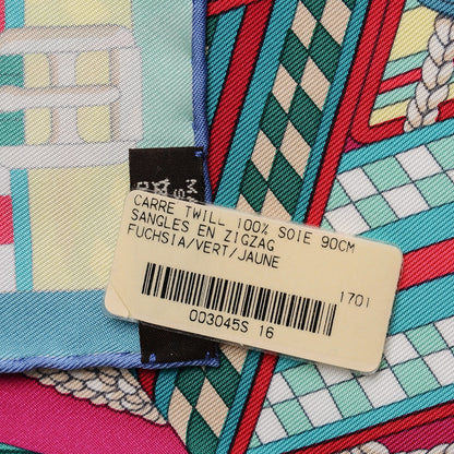 Hermes Silk Sangles En Zigzag Scarf 90 Fuchsia Vert Jaune 7 of 7