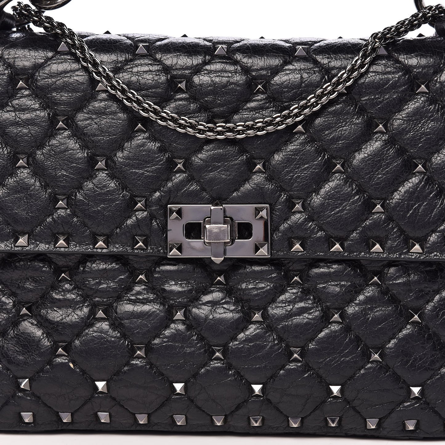 Craquele Nappa Medium Rockstud Spike Shoulder Bag Black