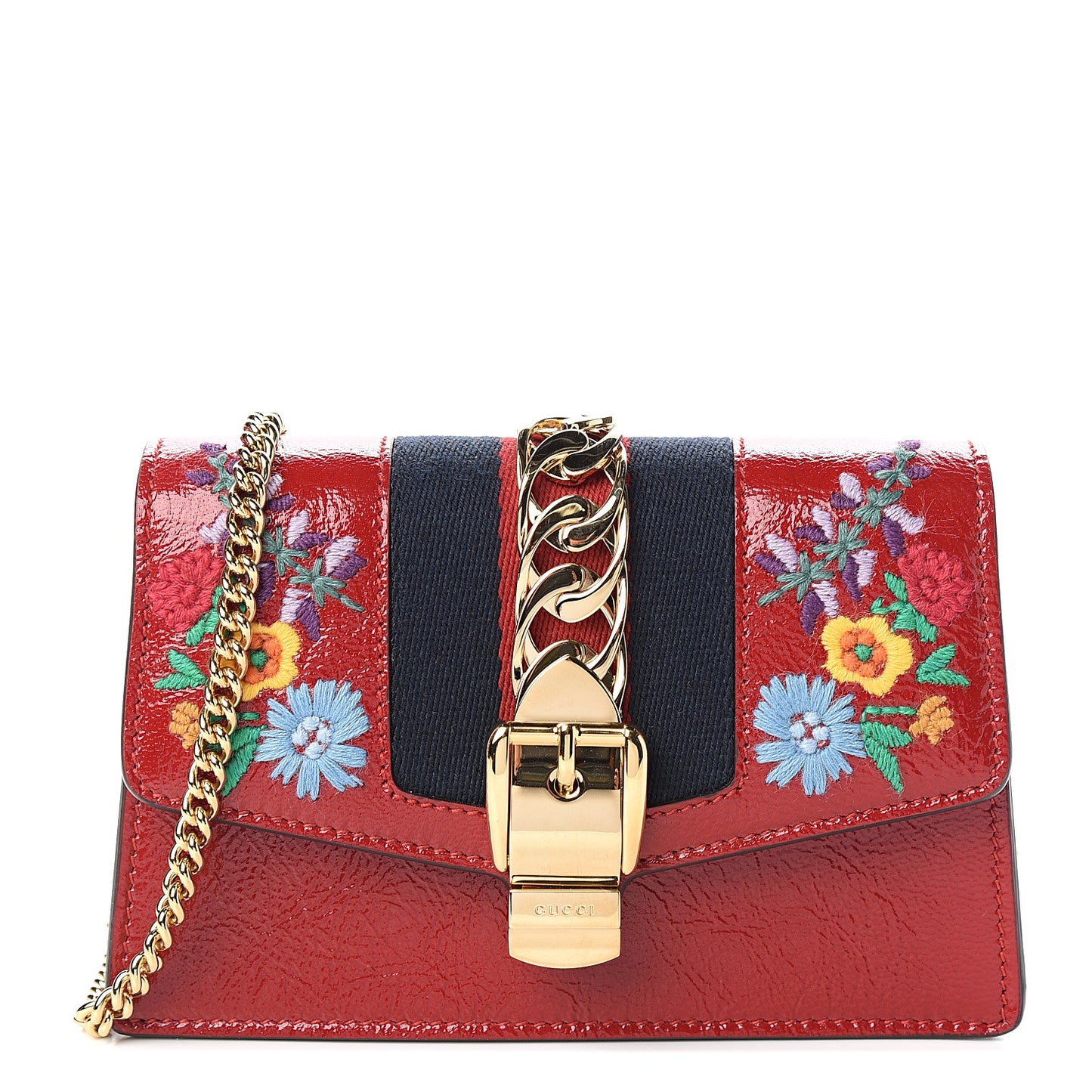 Patent Embroidered Super Mini Sylvie Chain Shoulder Bag Red