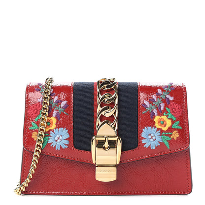 Gucci Patent Embroidered Super Mini Sylvie Chain Shoulder Bag Red 1 of 9