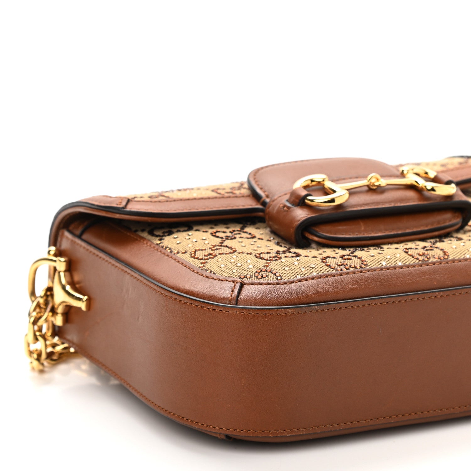 Gucci New Canvas Charisma Calfskin Crystal GG Monogram Mini Horsebit 1955 Shoulder Bag Camel Ebony 10 of 11