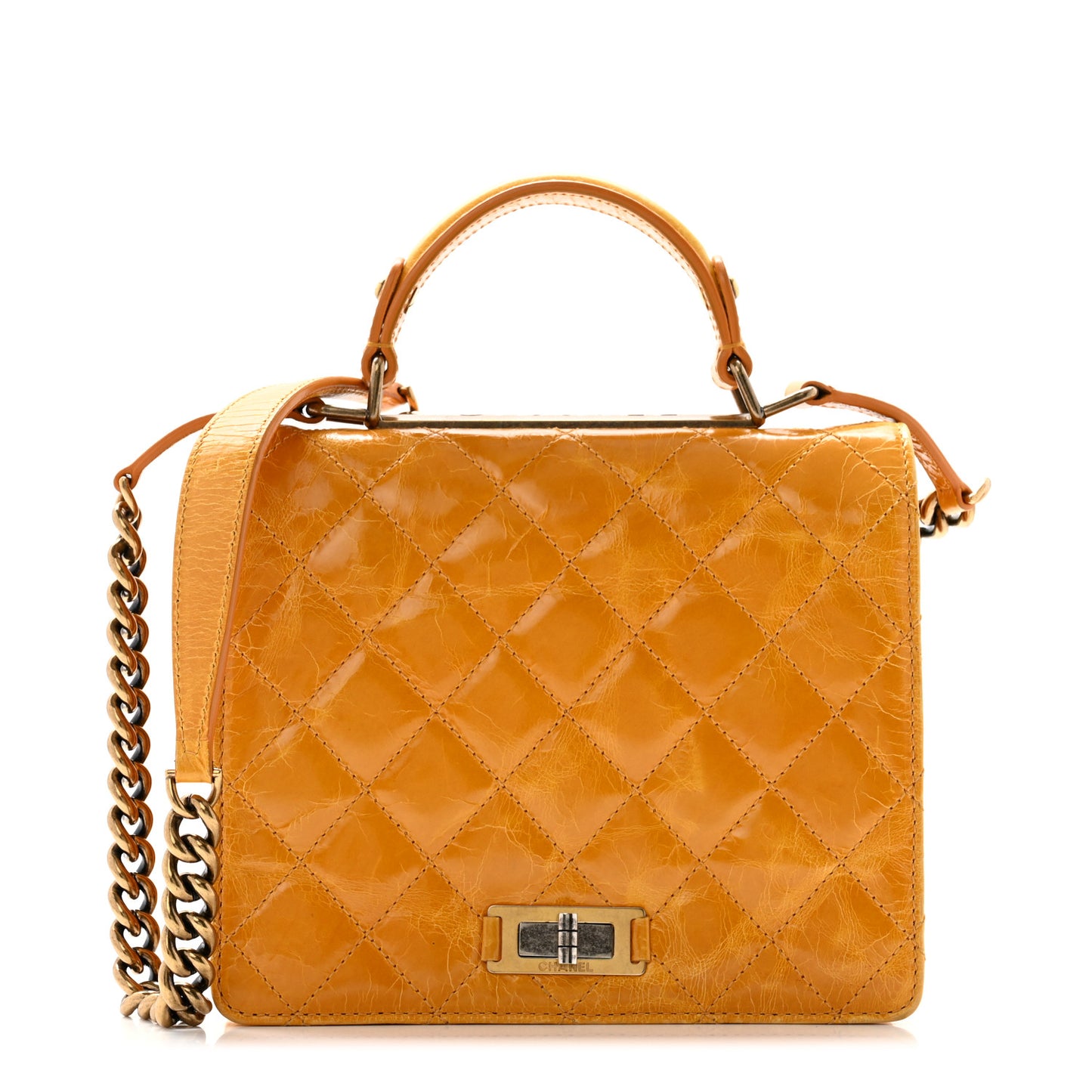 Glazed Calfskin Quilted Rita Top Handle Flap Yellow