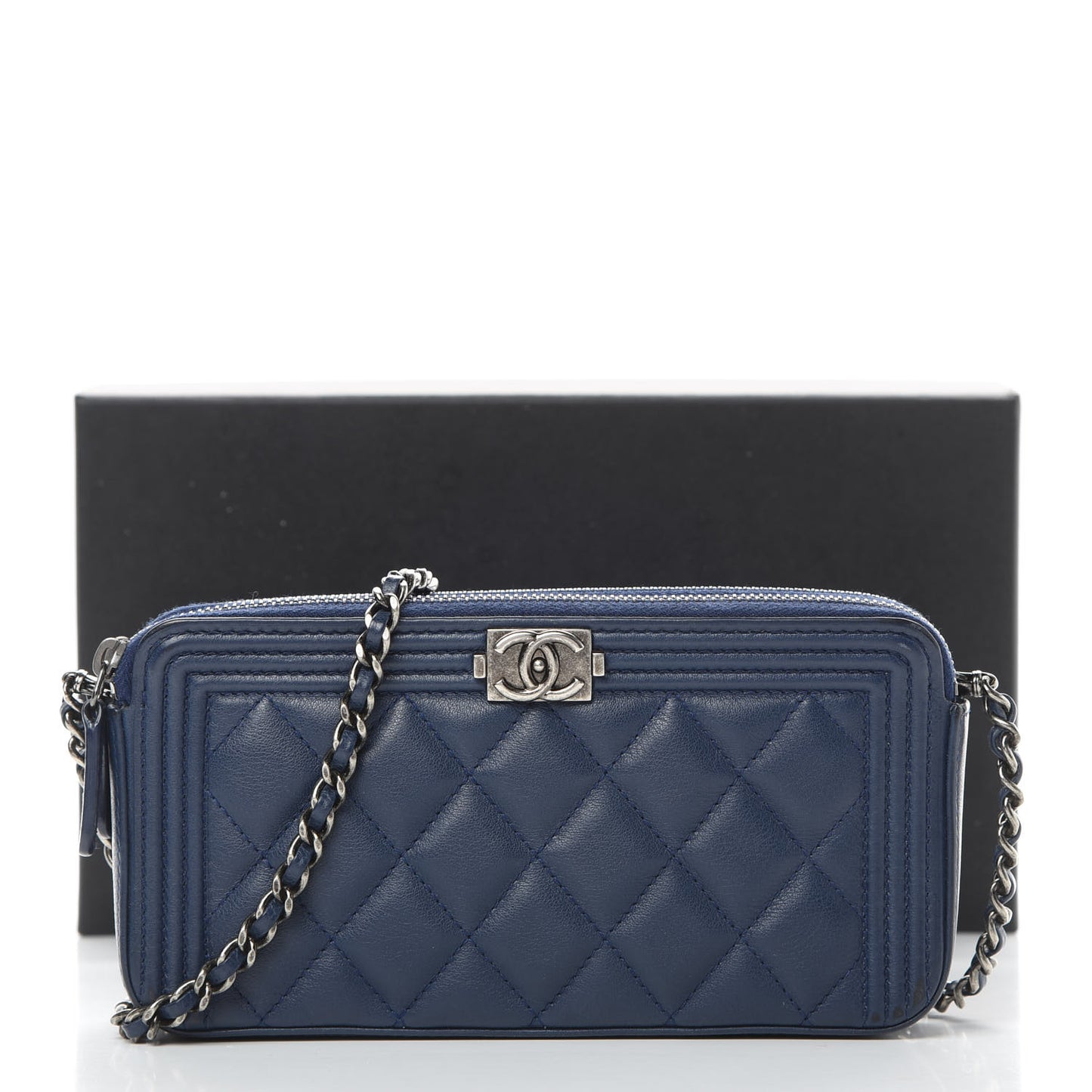 Calfskin Quilted Small Boy Clutch With Chain Navy