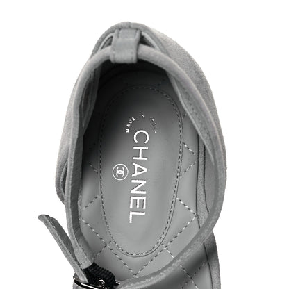Chanel Suede Grosgrain Cap Toe CC Mary Jane Flats 39 Light Grey Black 7 of 9