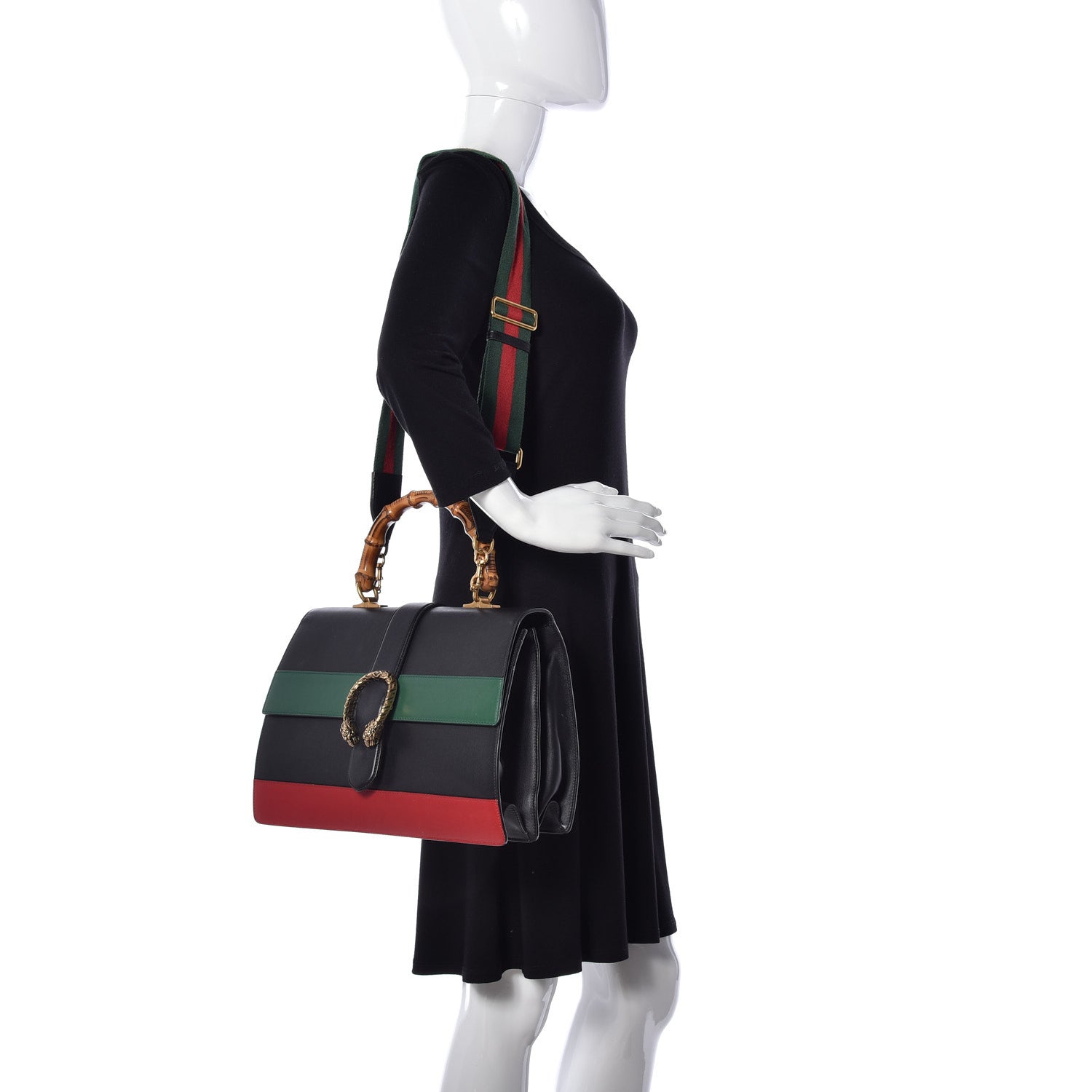 Gucci Calfskin Bamboo Web Large Dionysus Top Handle Bag Black Bright Evergreen Hibiscus Red 5 of 21