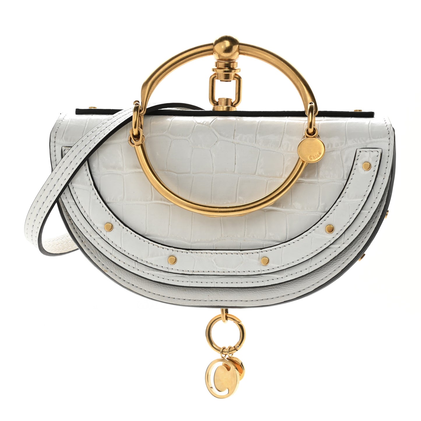 Calfskin Crocodile Embossed Small Nile Bracelet Minaudiere Bag White