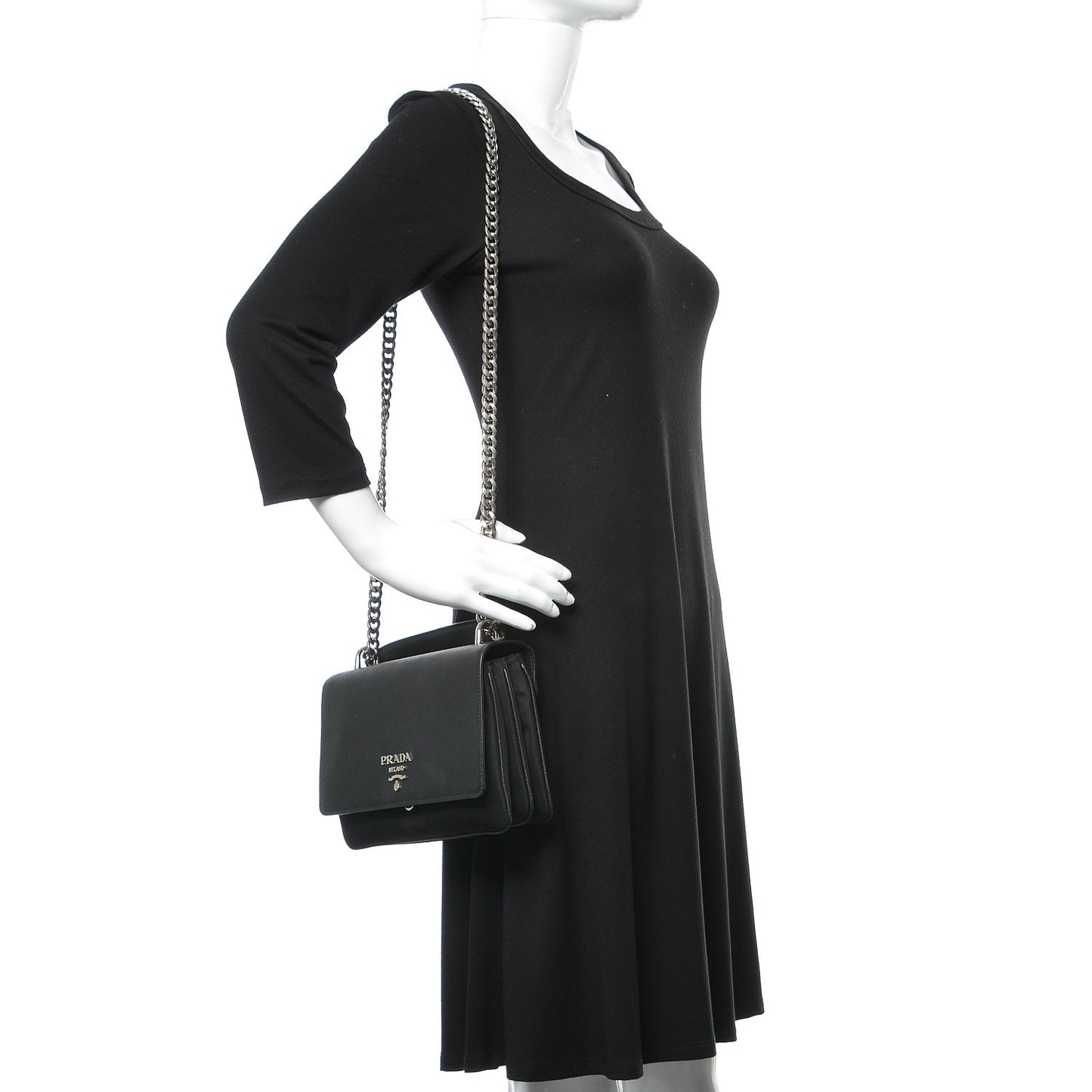 Saffiano Tessuto Nylon Chain Shoulder Bag Black