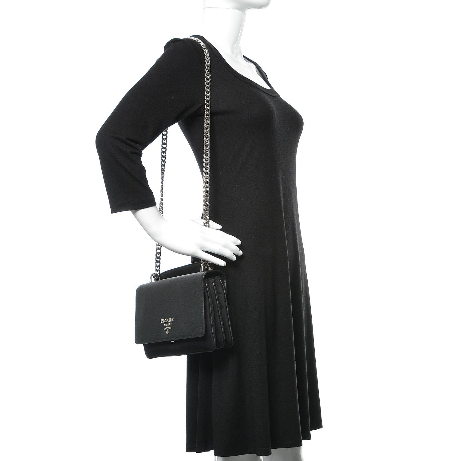 Prada Saffiano Tessuto Nylon Chain Shoulder Bag Black 2 of 9