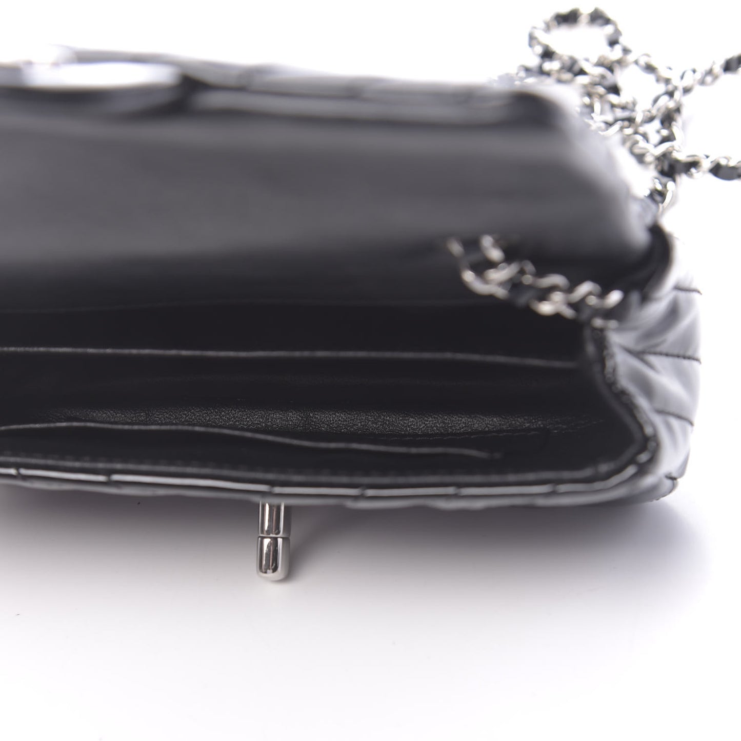 Patent Calfskin Chevron Quilted Extra Mini Flap Black
