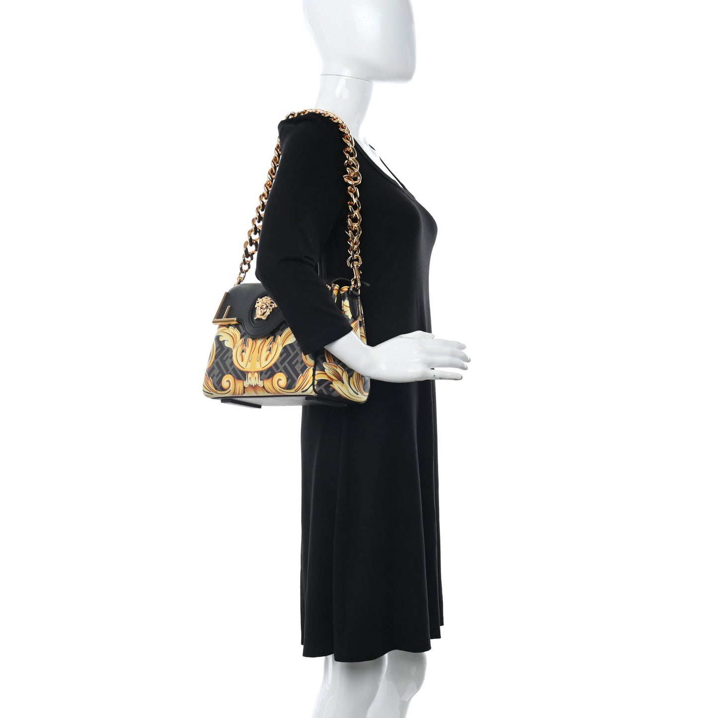 X FENDI Grained Calfskin Fendace La Medusa Medium Top Handle Bag Black Multicolor