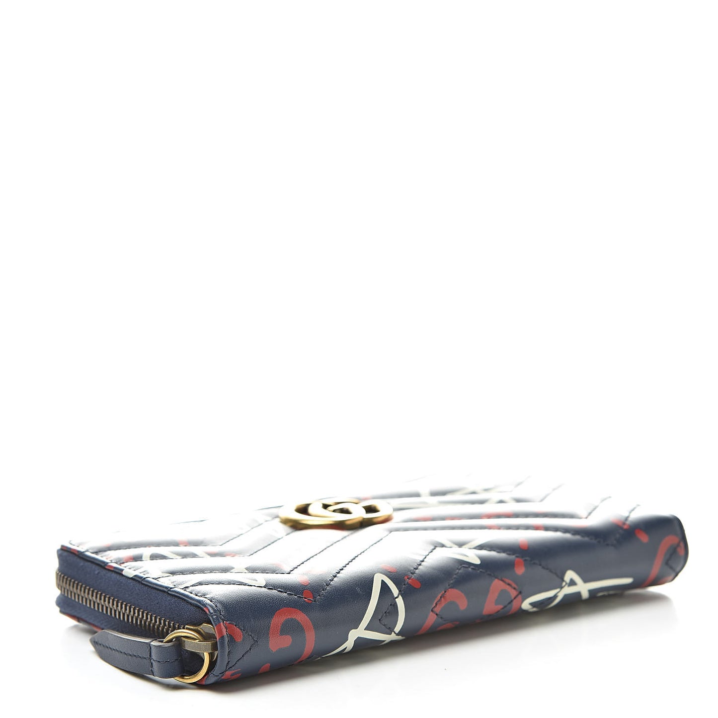Calfskin Matelasse GucciGhost GG Marmont Zip Around Wallet Blue Agata Hibiscus Red