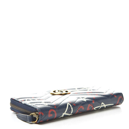 Gucci Calfskin Matelasse GucciGhost GG Marmont Zip Around Wallet Blue Agata Hibiscus Red 4 of 8
