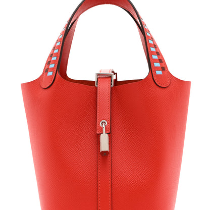 Hermes Epsom Tressage De Cuir Picotin Lock 18 PM Capucine Celeste Rouge H 8 of 11